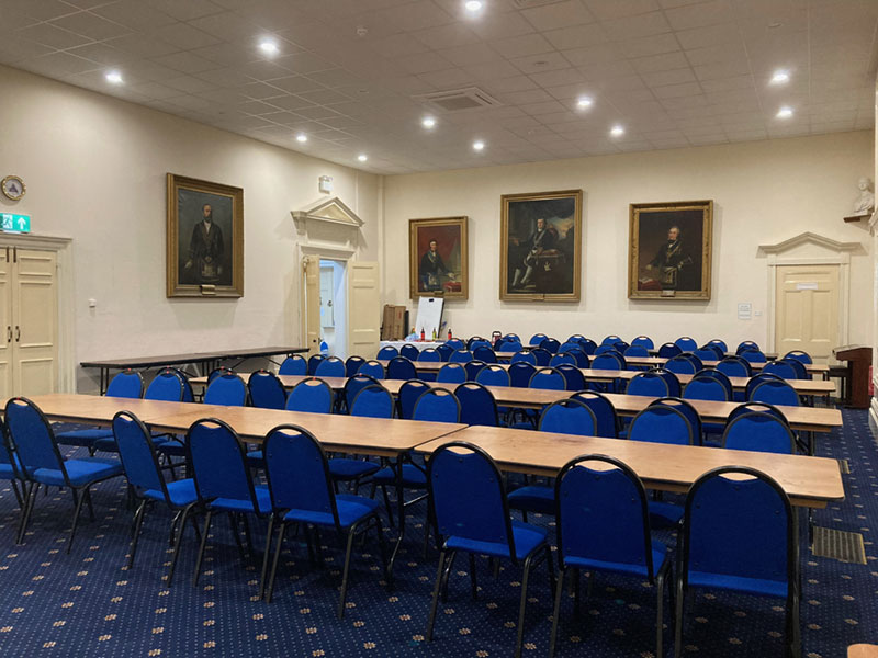 Tables set for a conference at Southampton Masonic Hall