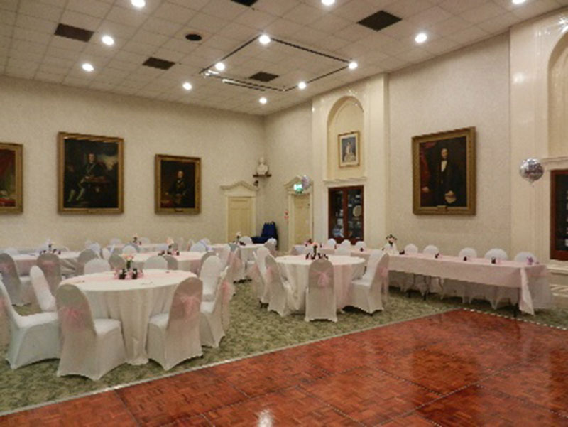 Table set for a wedding reception at Southampton Masonic Hall